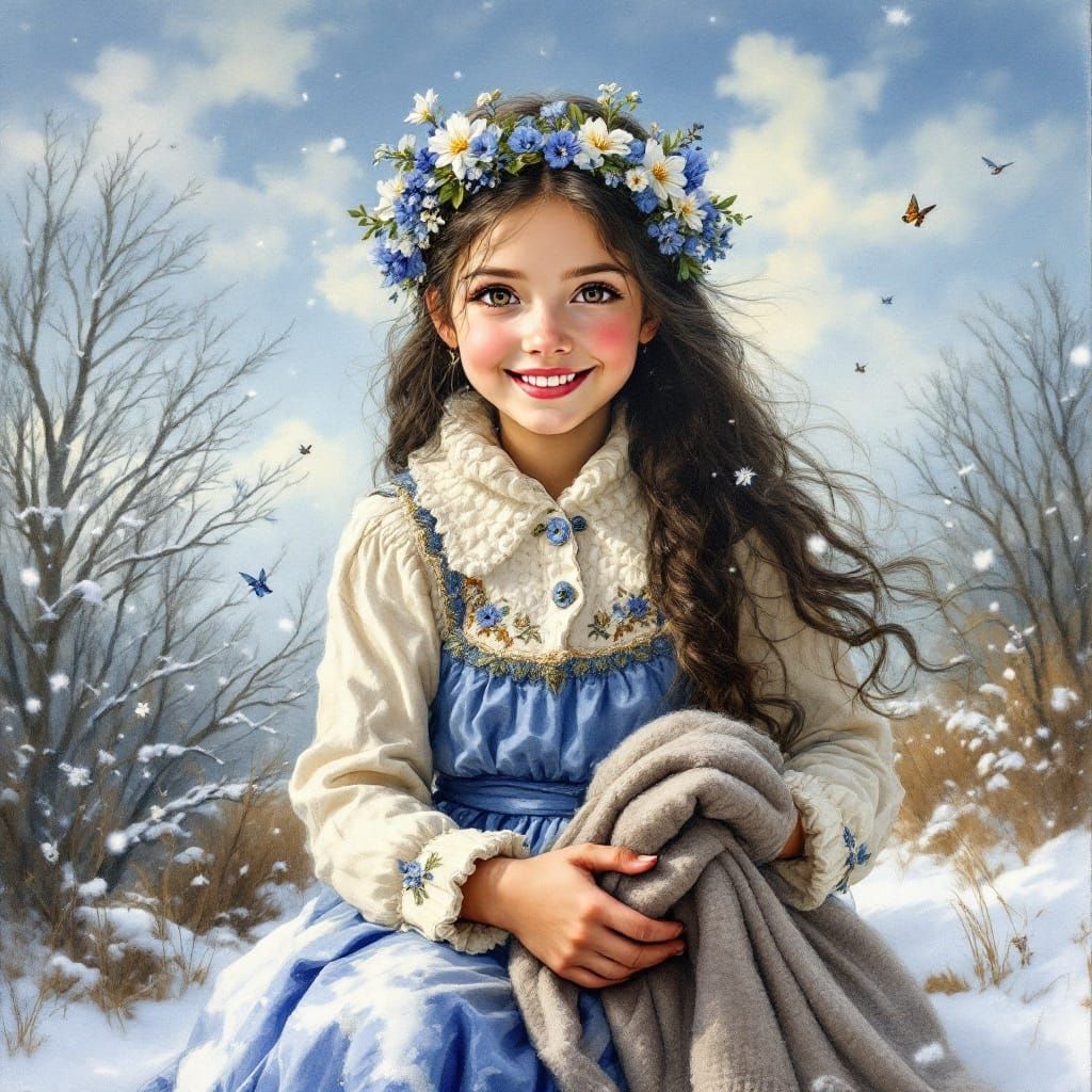 Whimsical Bavarian Girl in Winter Meadow Painting