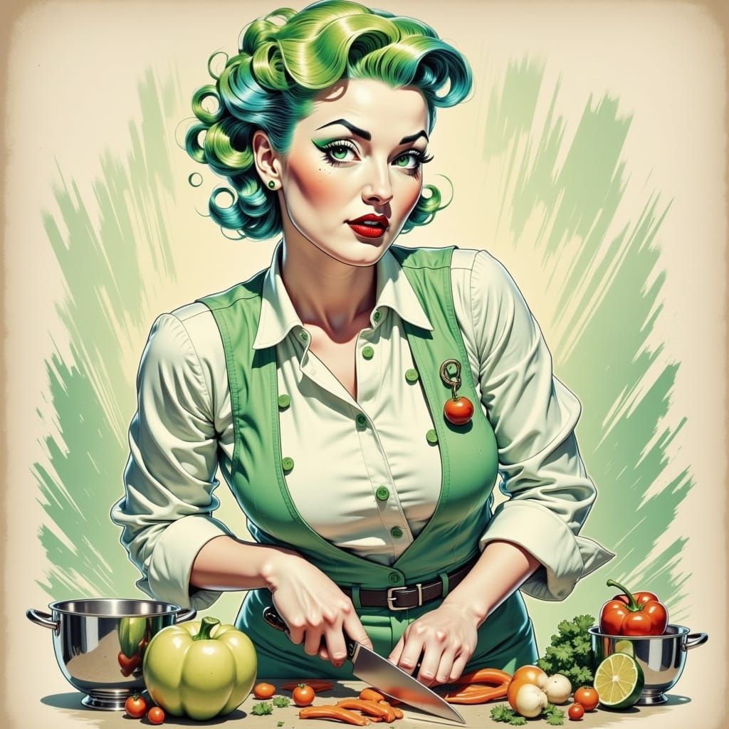 Chef Chopping Vegetables in Retro-Pinup Style