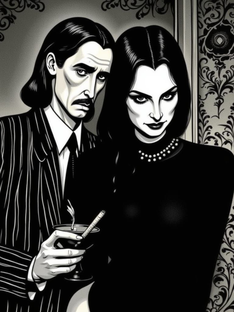 Gomez and Morticia Addams in Zentangle Silhouette Style