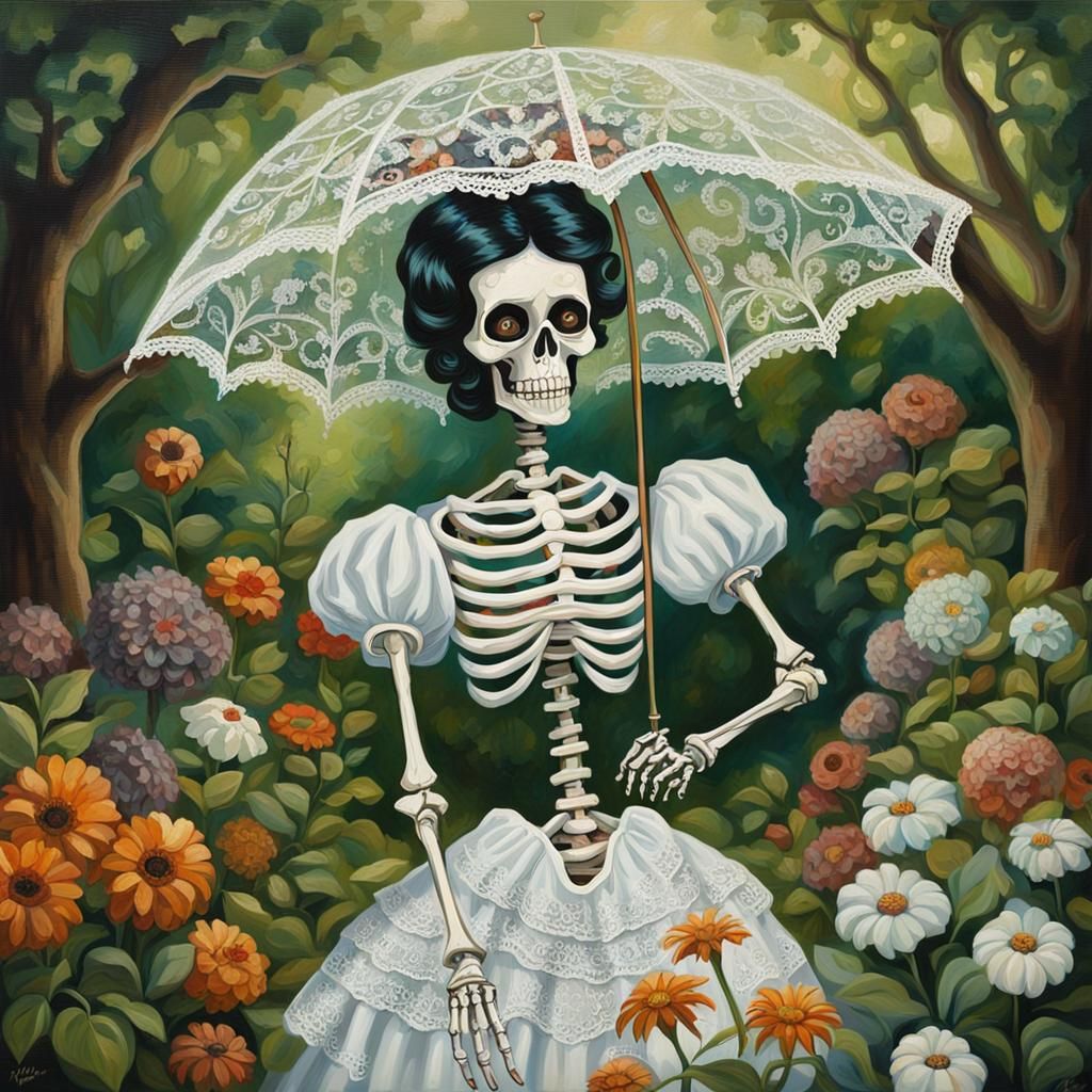 Betty Boop Skeleton in Garden, Rocco Style