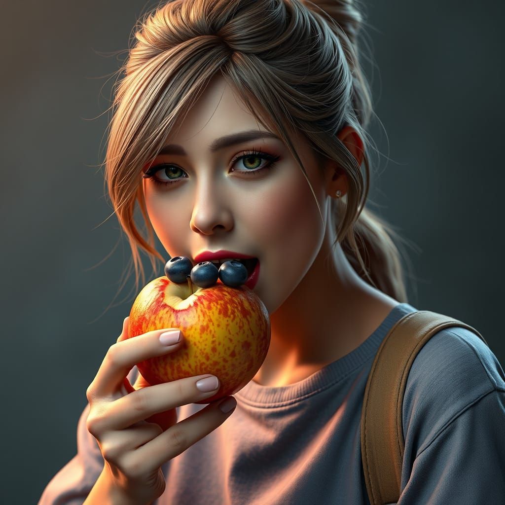 Hyper-Realistic Portrait of Woman Eating Blueberry Apple
