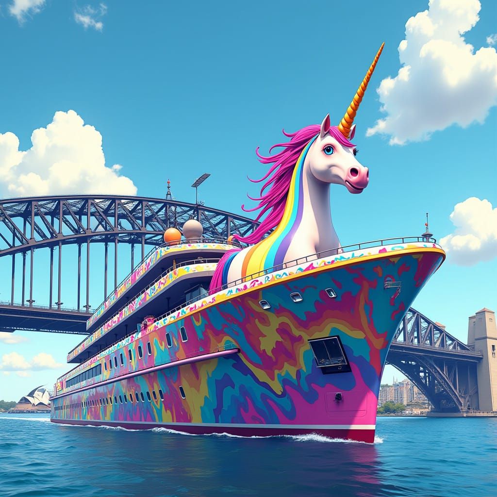 Vibrant Psychedelic Yacht with Unicorn Figurehead