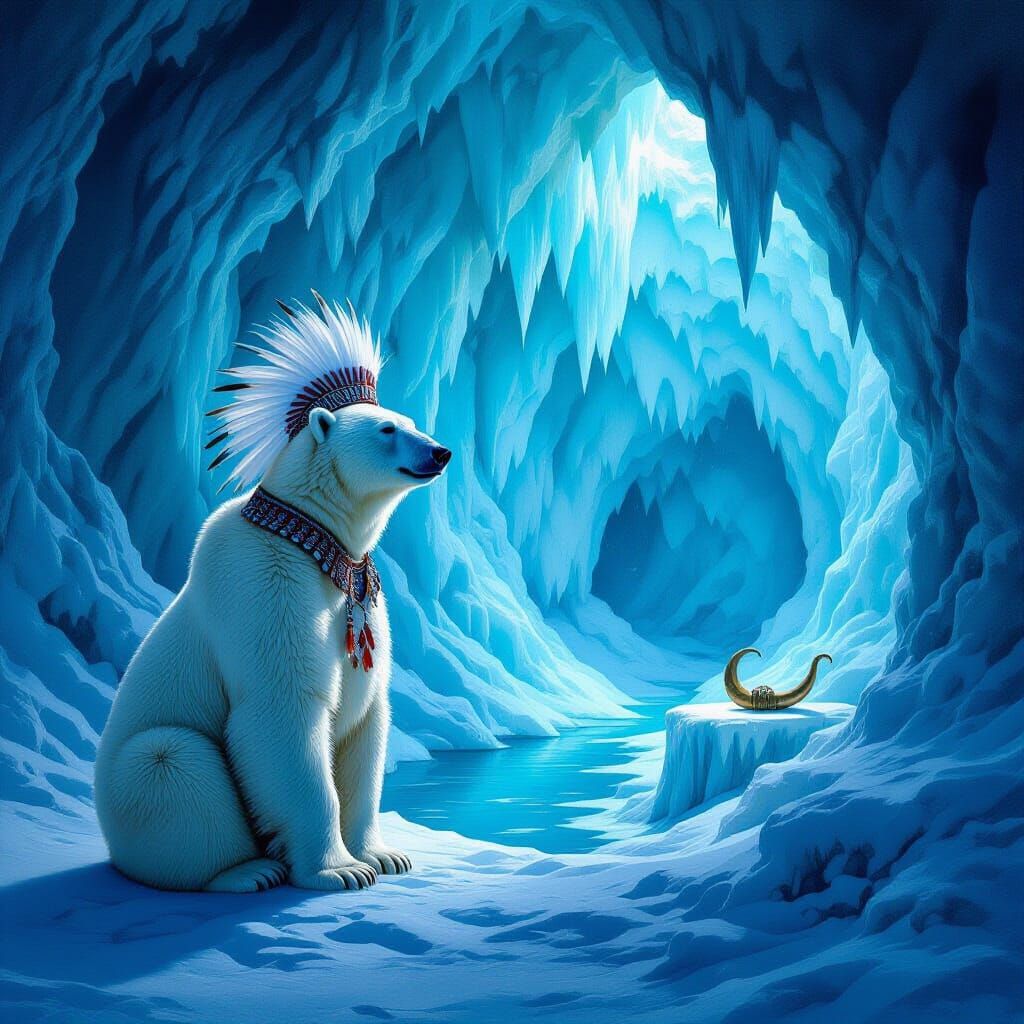 Polar Bear in Ceremonial Headdress at Glacial Cavern
