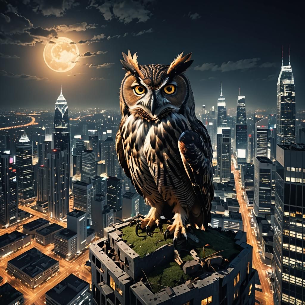 Giant Owl Watches Over City at Night