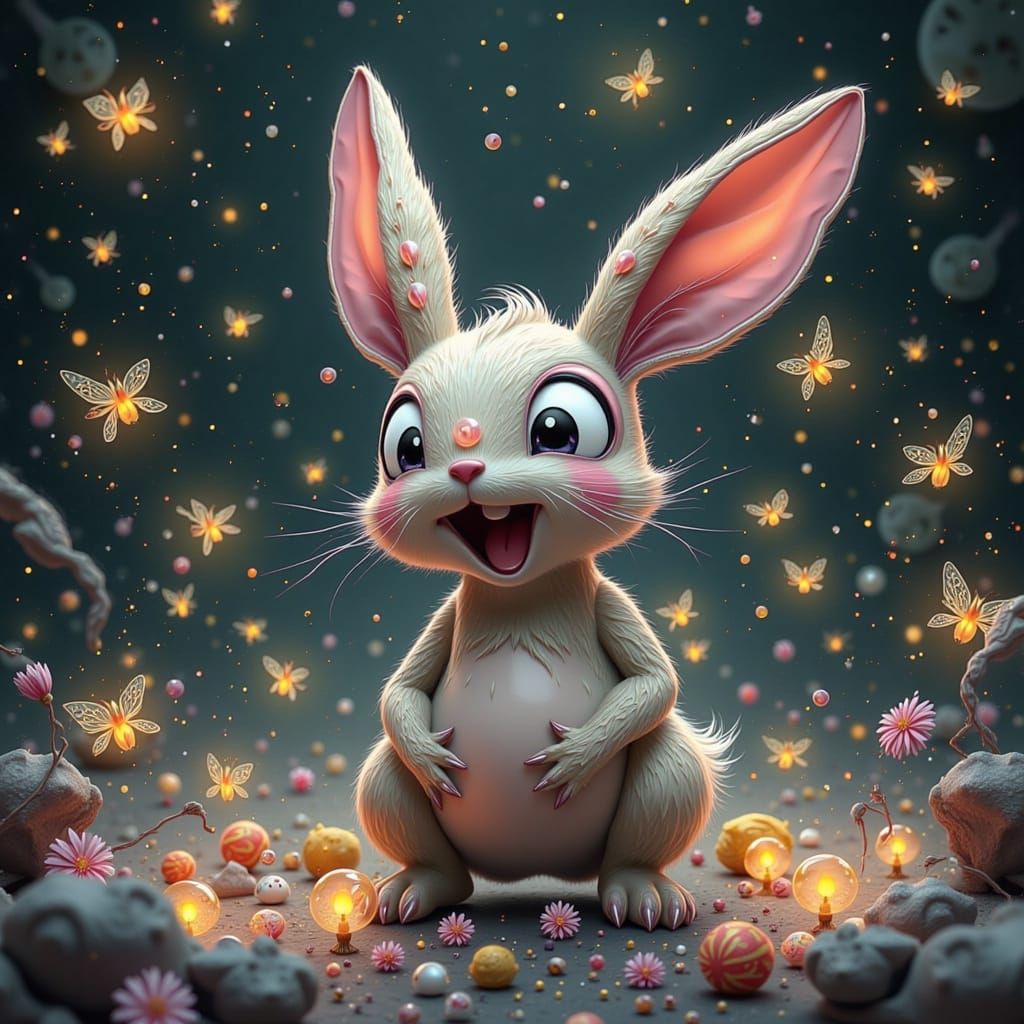 Laughing Rabbit with Fireflies in Murakami Style