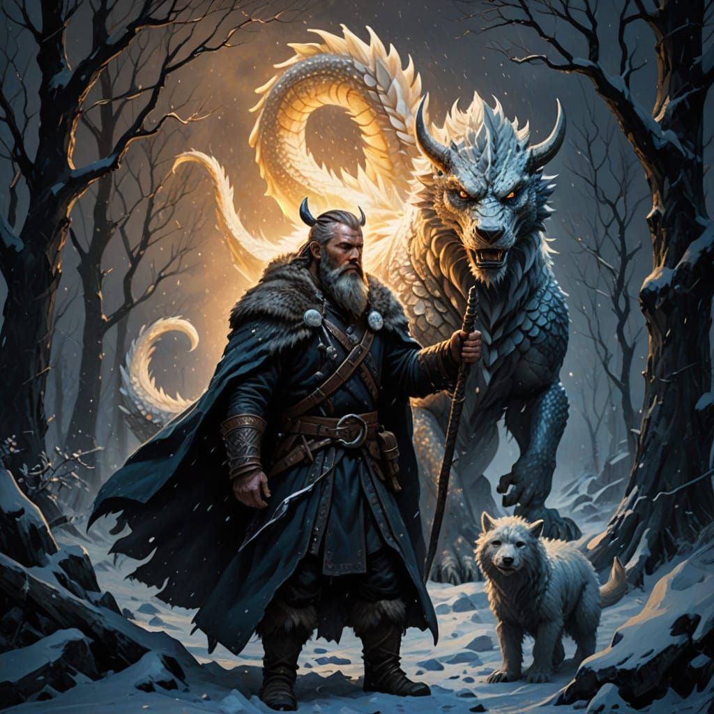 Viking Warrior Bonds with Tiny Dragon in Snowstorm