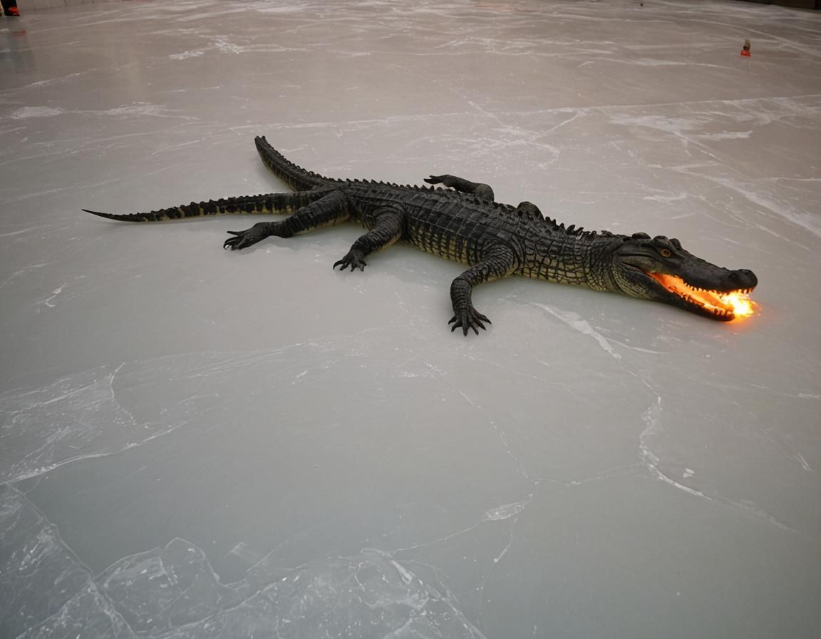 Crocodile on Ice with Distant Flames