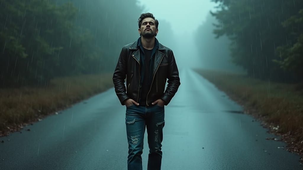 Man Urinating on Rainy Road in Cinematic Art Style