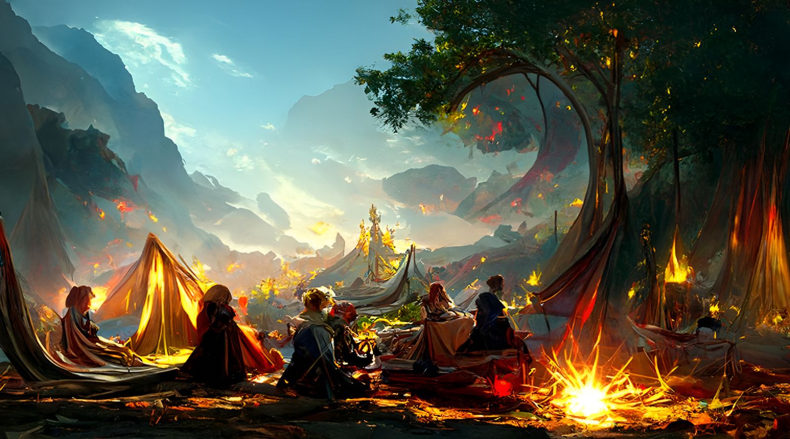 Adventurers by Campfire in Alphonse Mucha Style
