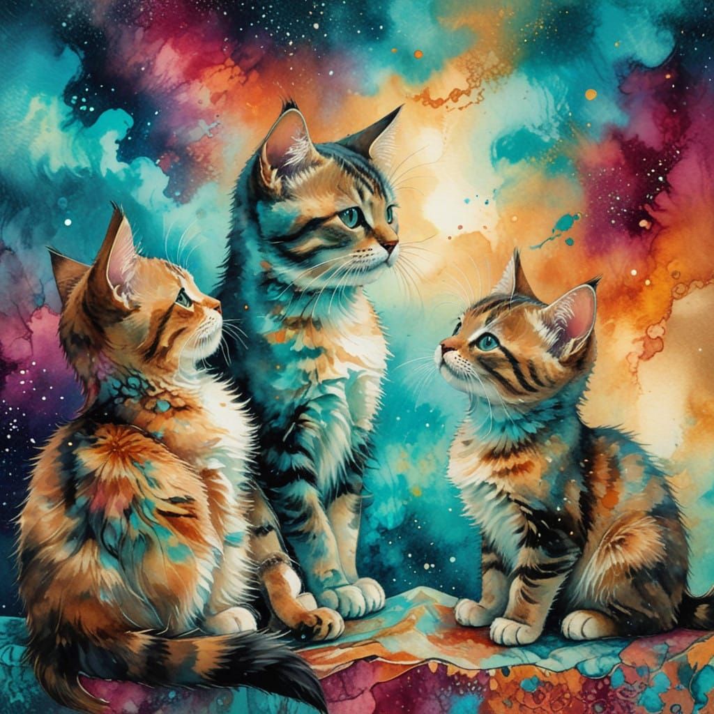 Vibrant Abstract Kitten Portrait in Alcohol Ink Style