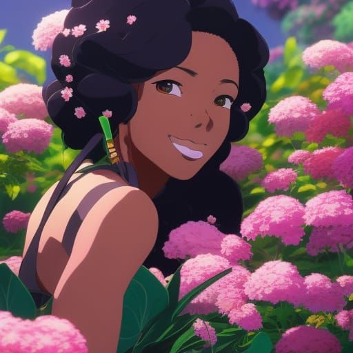 Black Woman in Flower Garden: Ghibli-Inspired Anime