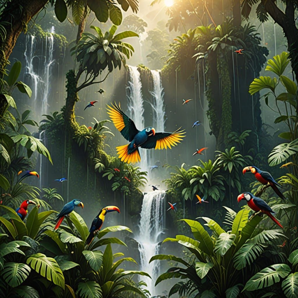Tropical Birds in Rainforest with Waterfall
