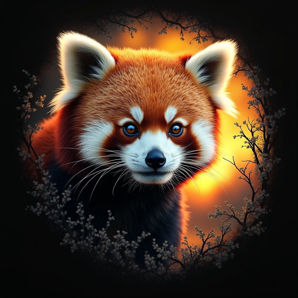 Double Exposure Red Panda in Color Print Art Style