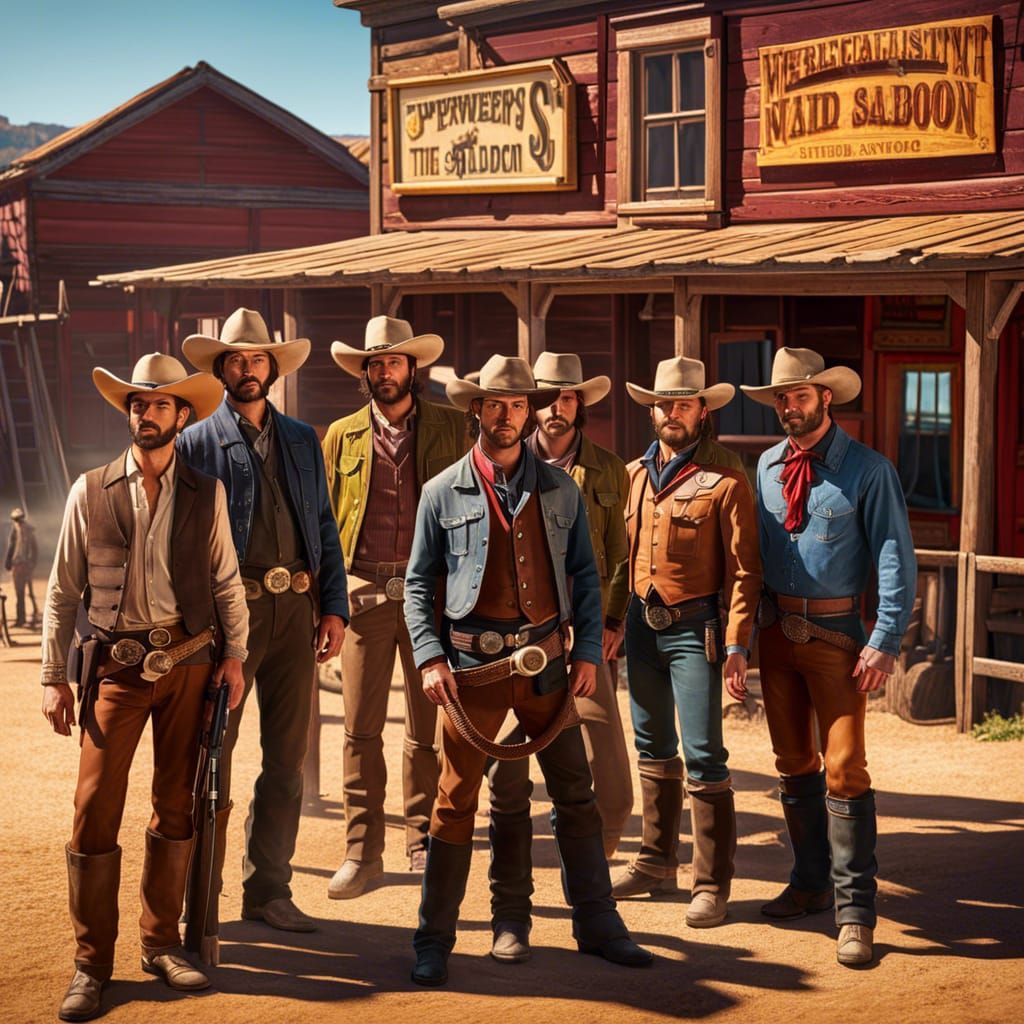 Hyperrealistic Cowboys Pose Outside Saloon in Western Town