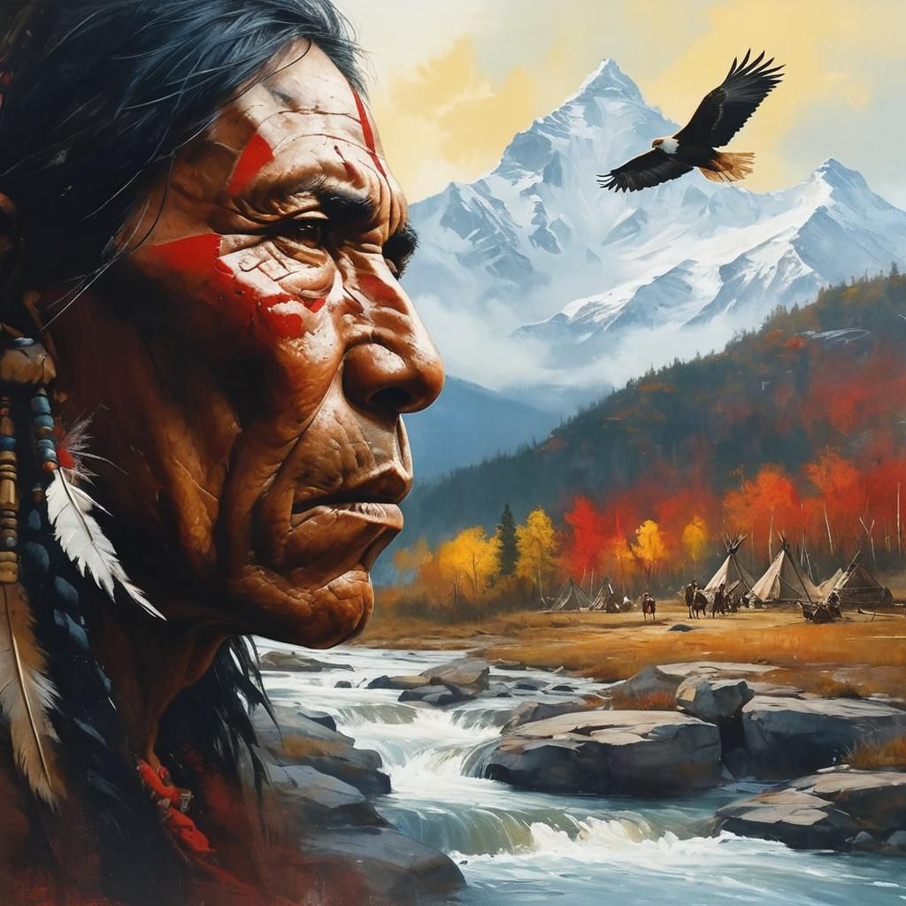 Close up of the profile of a Native American man who appears...