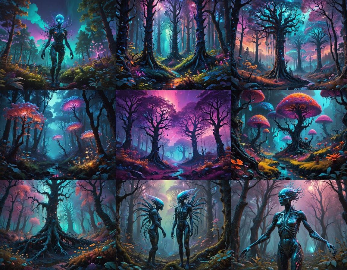 Surreal Forest Creatures in Iridescent Skin Roam a Dreamlike...