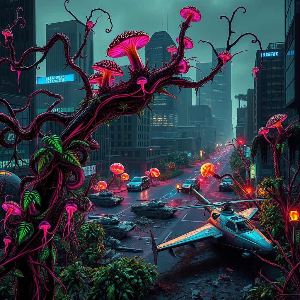 Overgrown Minneapolis Cityscape with Alien Flora