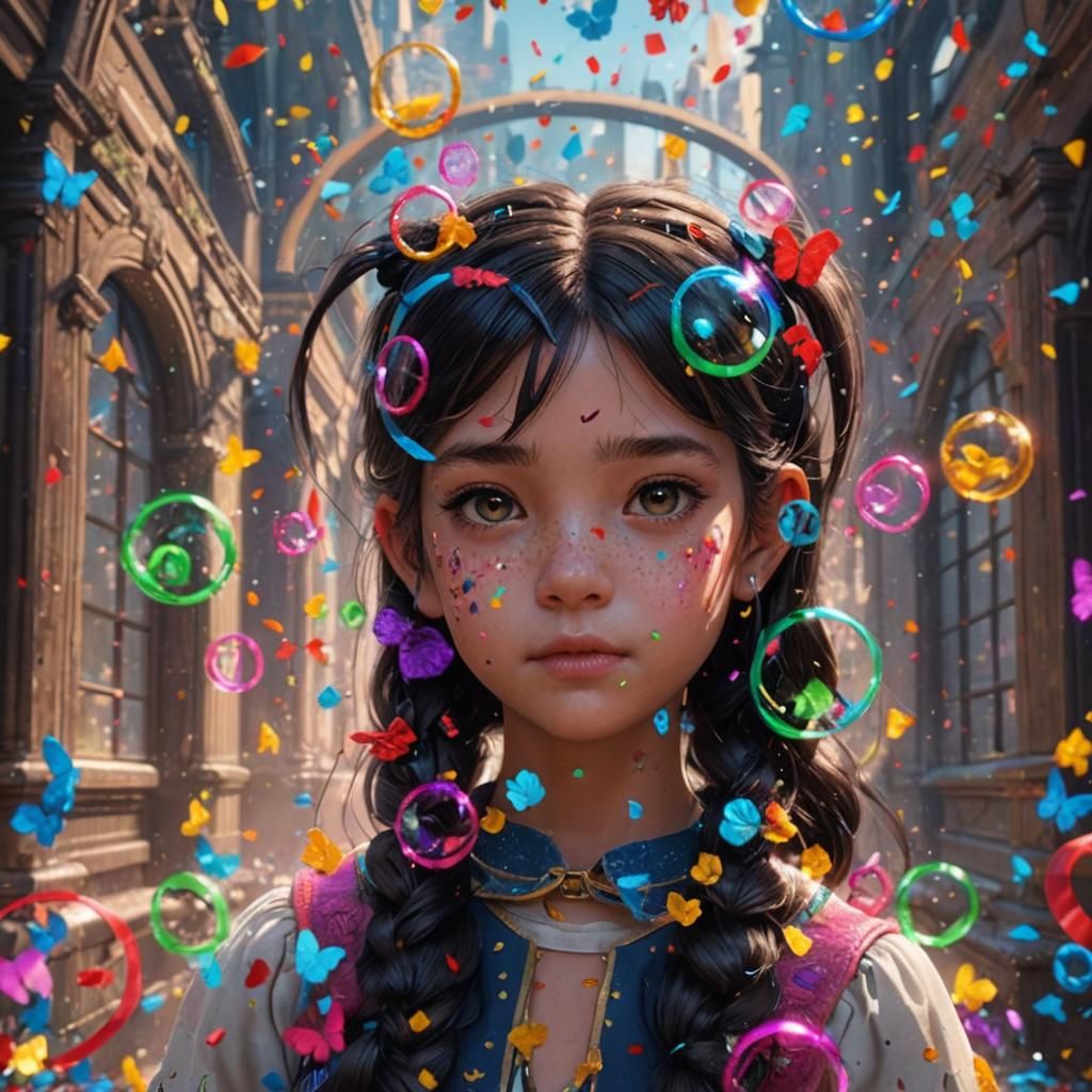 Girl with Butterflies and Confetti: Detailed Matte Painting