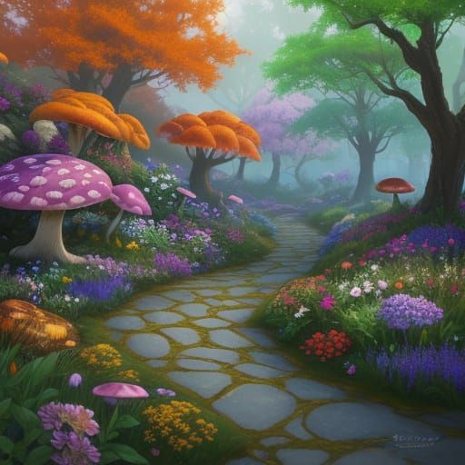 Vibrant Fantasy Garden in Warm Golden Light