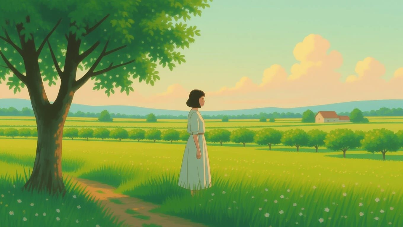 Blooming Hamlet: Serene Woman in Pastel Dawn