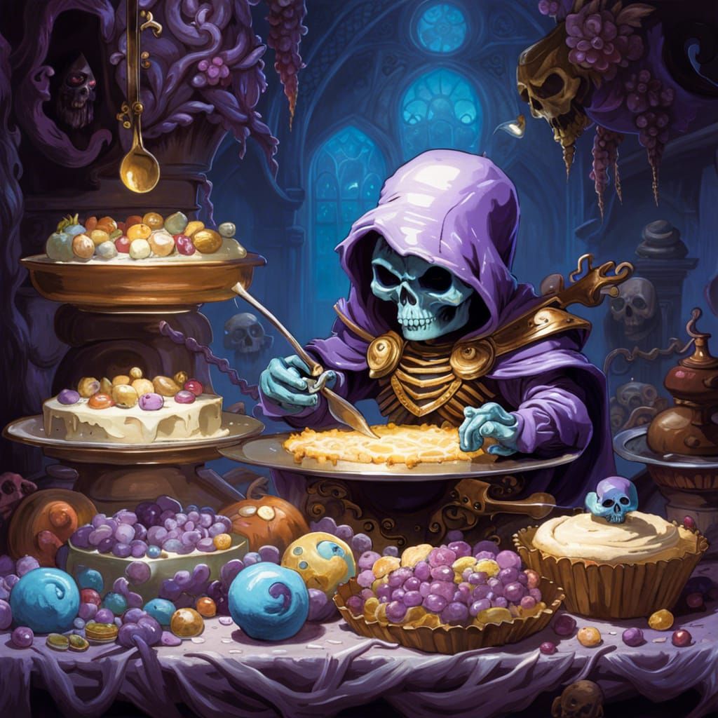 Baby Skeletor making cakes