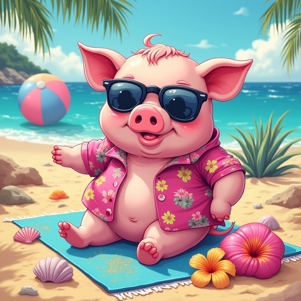 Kawaii Pig Soaks Up the Sun on a Colorful Beach