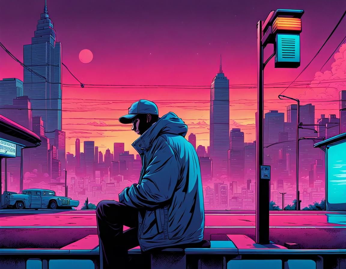 Vaporwave Bus Stop Manga Art