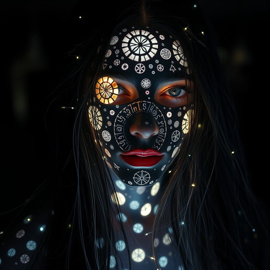 Whimsical Sigils Dance on Exquisite Model in Ethereal Magic