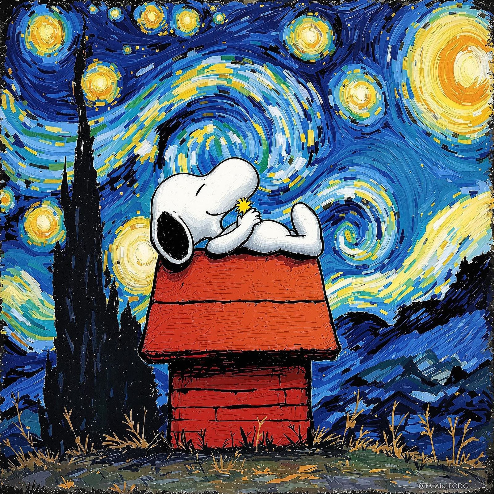Snoopy's Starry Night Dream in Post-Impressionist Style