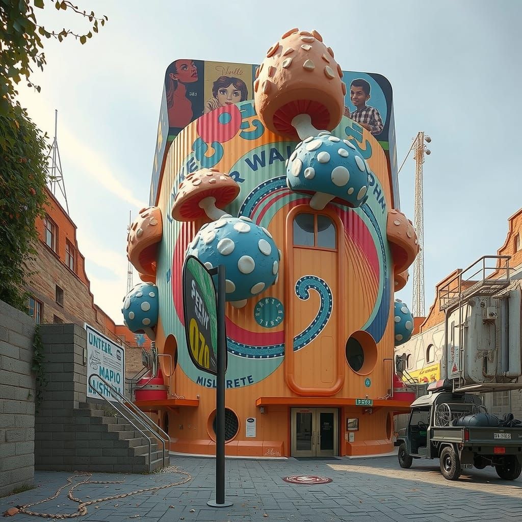 Dystopian Mushrooms on Flagpoles in Brutalist Bunker