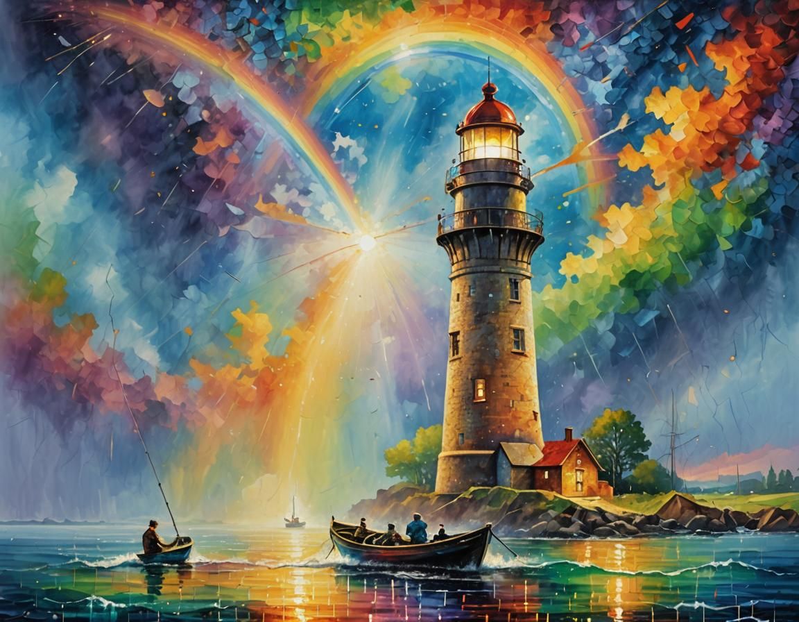 Lighthouse Rainbow Illuminates Fisherman, Pointillism Style
