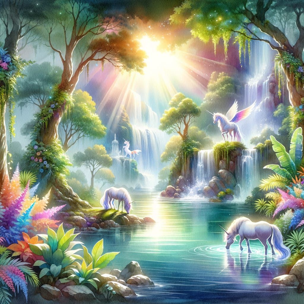Mystical Forest Oasis with Unicorns in Watercolor Style