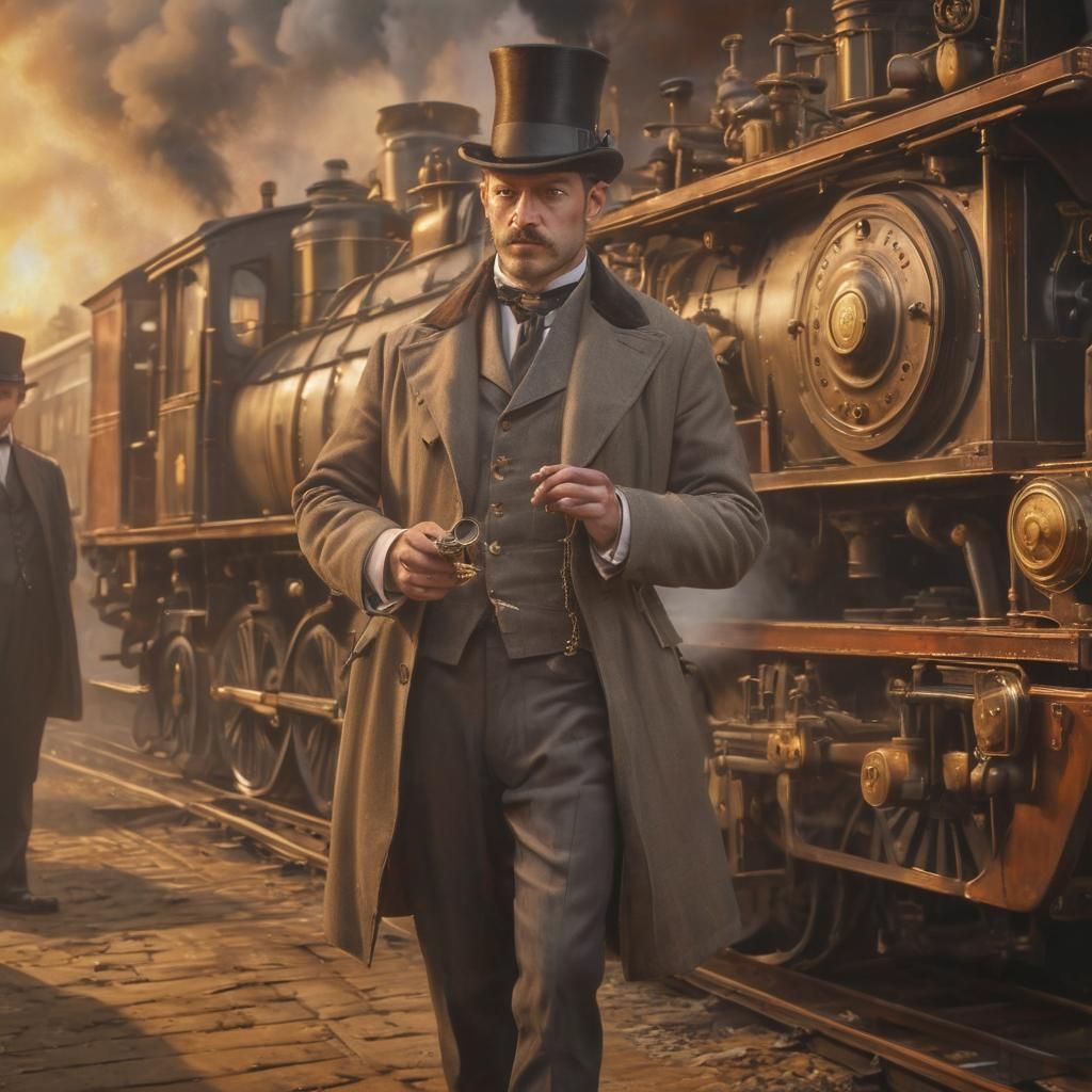 Steampunk Man with Device by Steam Train
