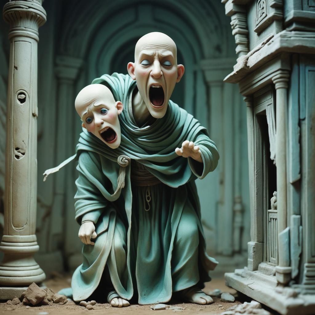 Claymation Man Screams in Abandoned Temple