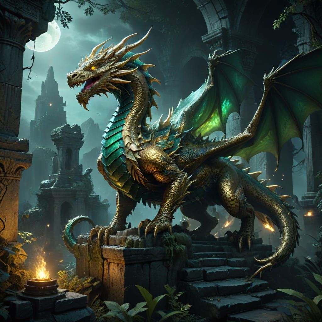 Gold Dragon Perched on Ancient Ruins in Mystical Forest