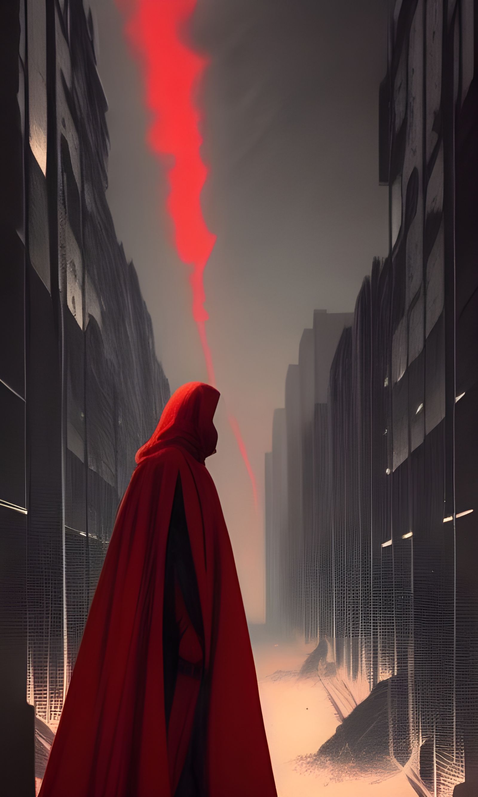 Red Cloaked Figure in Desolate Suburbs