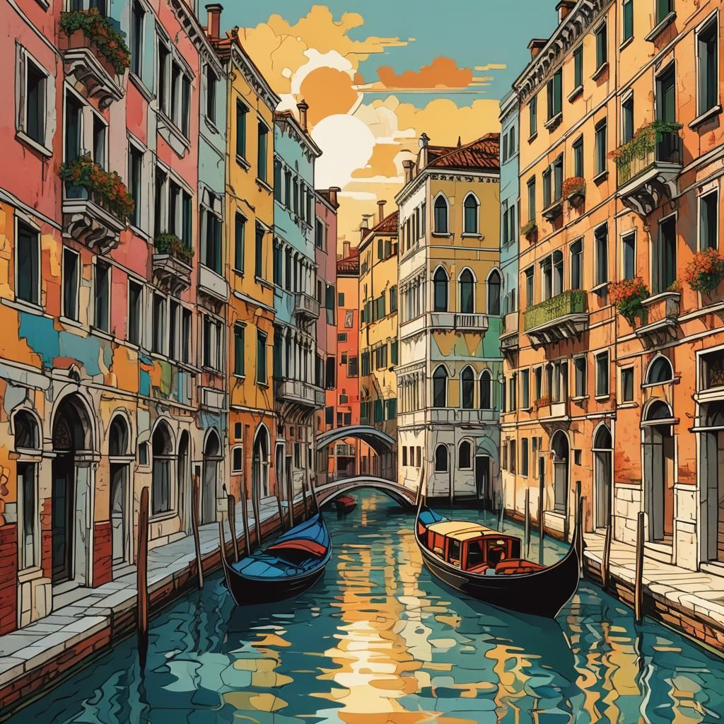 Venice Canal Scene in Bauhaus Pop Art Style