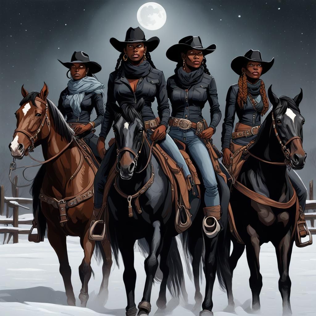 Black Cowgirl Outlaws on Horseback in Snow