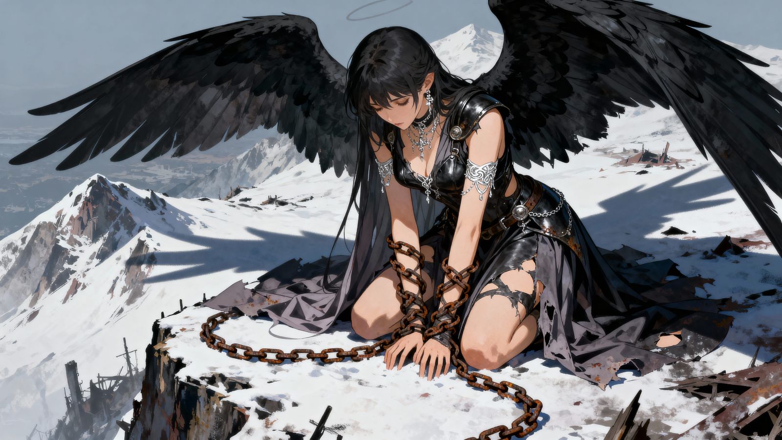 Fallen Angel Kneeling in Chains on Apocalyptic Peak