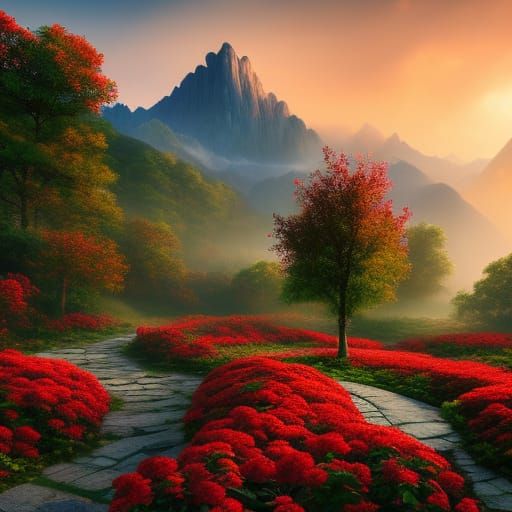 Enchanted Rose Garden with Stone Path in Golden Hour