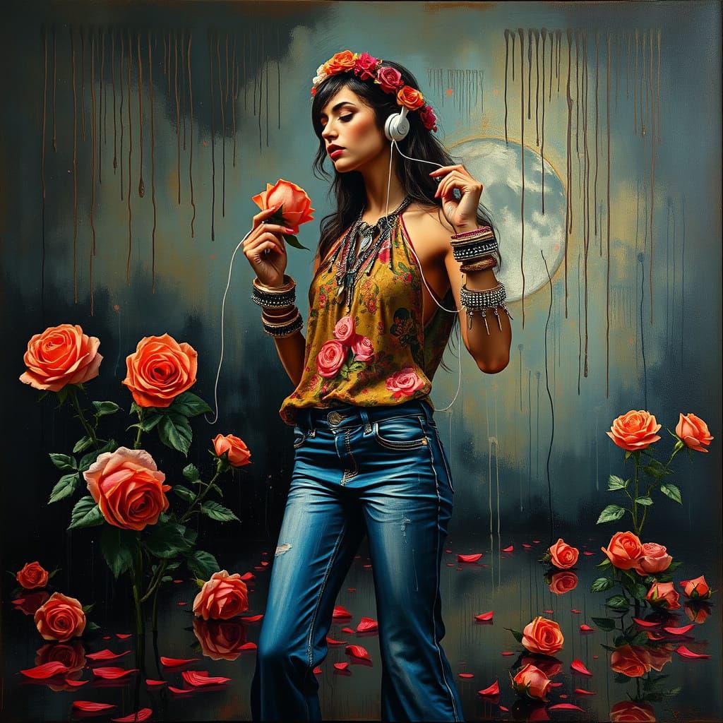 1970s Bohemian Woman in Surrealist Rose Garden