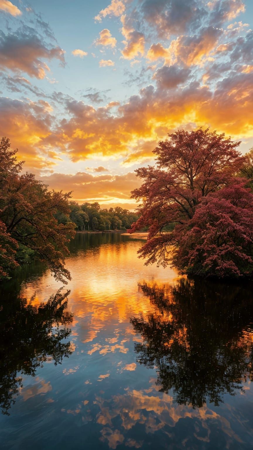 Lake Landscape Reflecting Golden Sunset