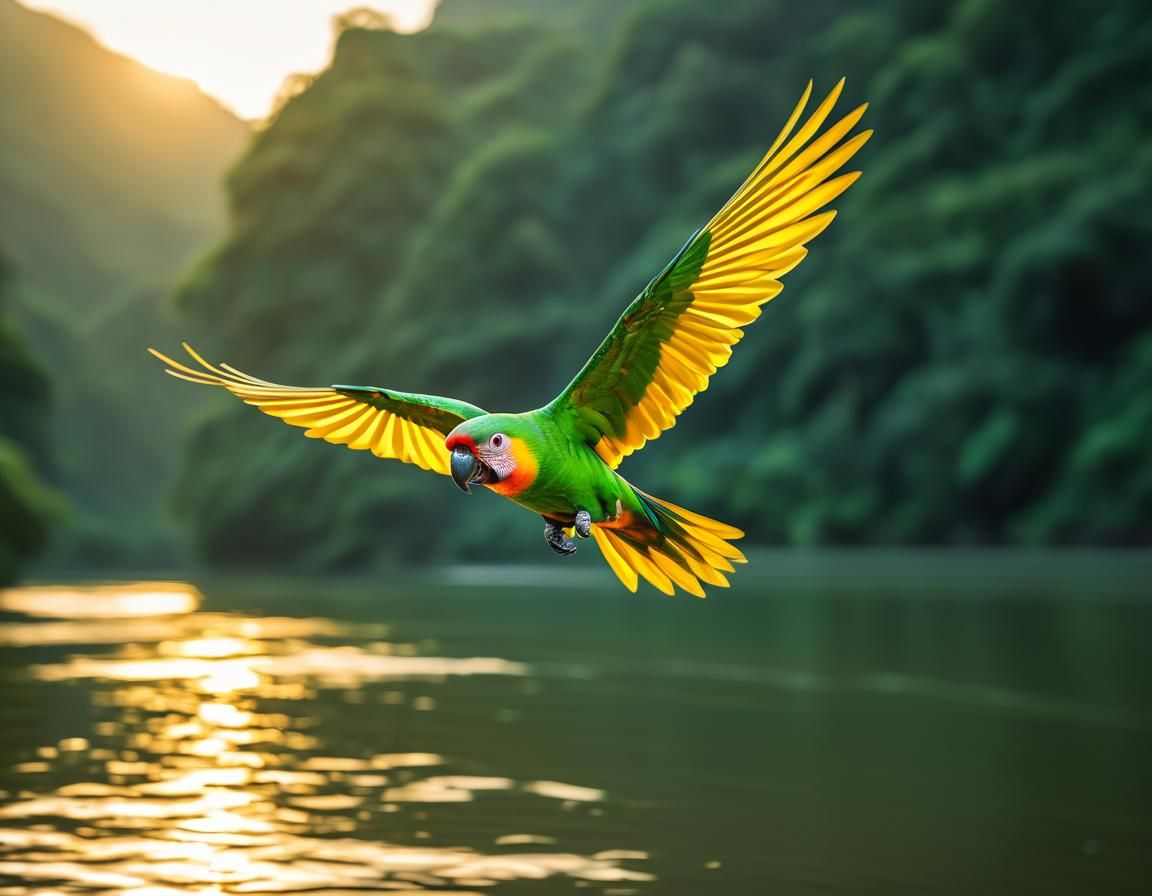 Parrot in Flight at Golden Hour
