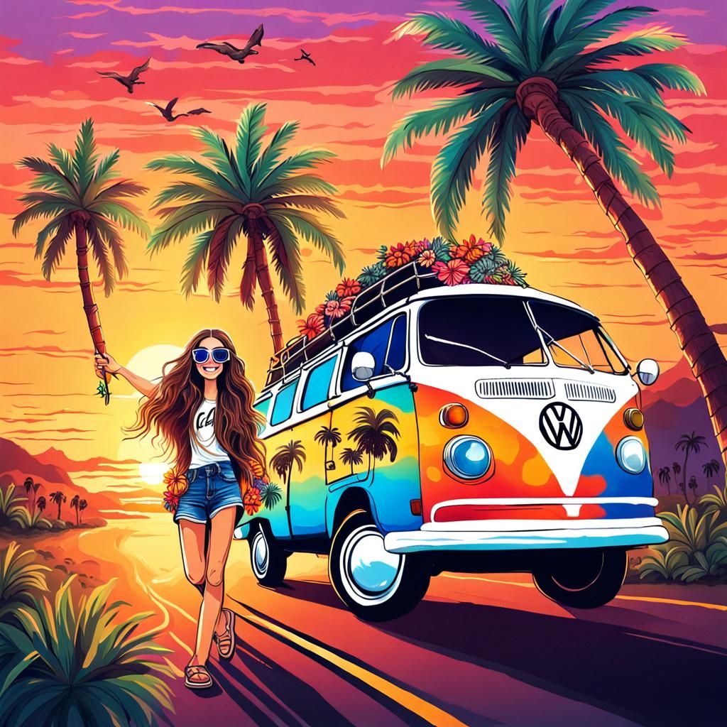 Hippie Girl Driving Flower VW Van at Sunset