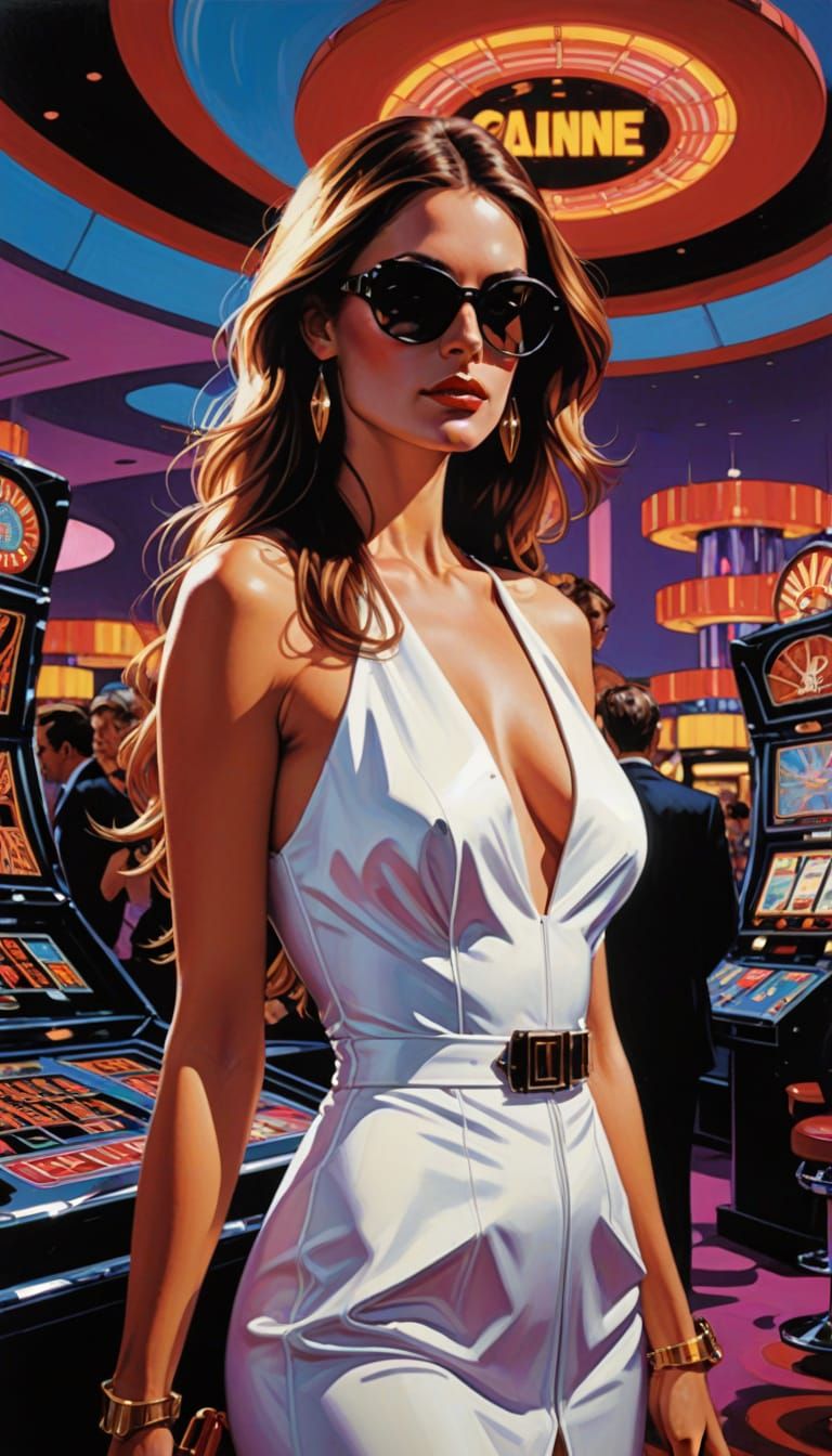 Woman in White Dress at Casino in Hyperrealism
