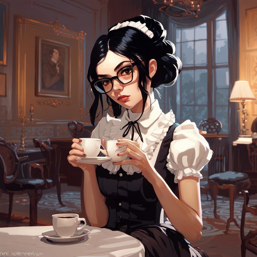 Maid in Mansion Drinking Coffee Illustration