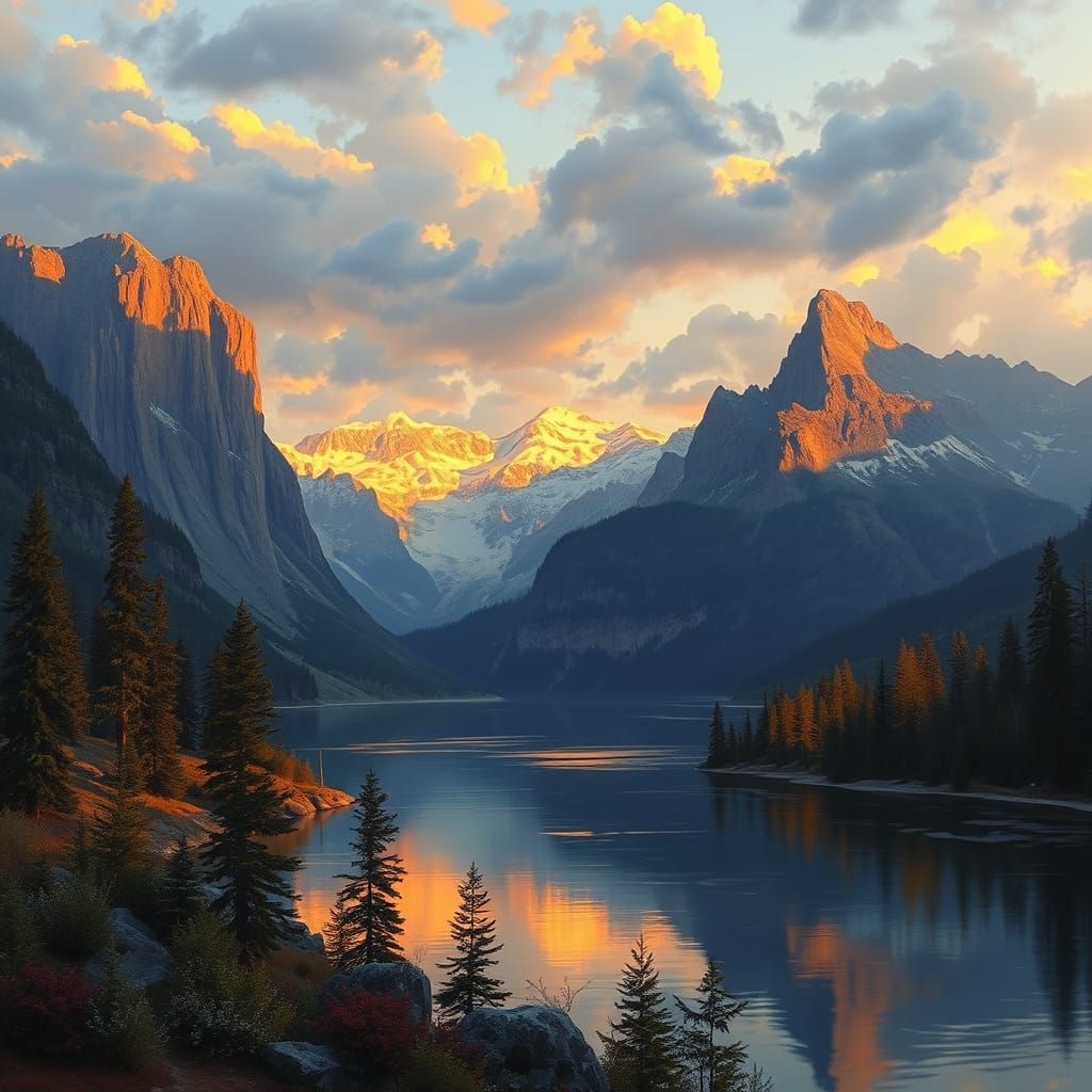 Golden Light on Mountain Lake Landscape