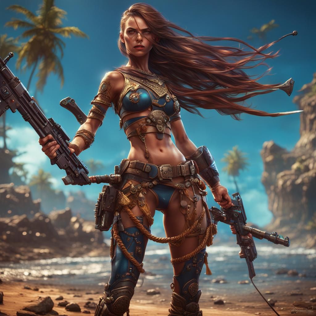 Fantasy War Girl with Weapon in Detailed Matte Painting