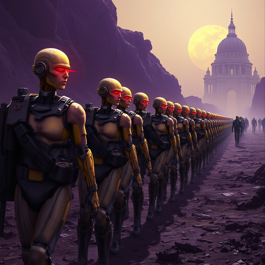 Cyborg Soldiers on War-Torn Battlefield in Art Nouveau Style