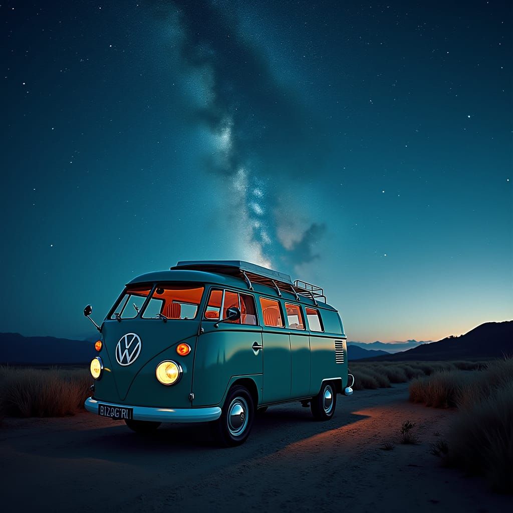 VW Bus Under Starry Sky: Environmental Portrait